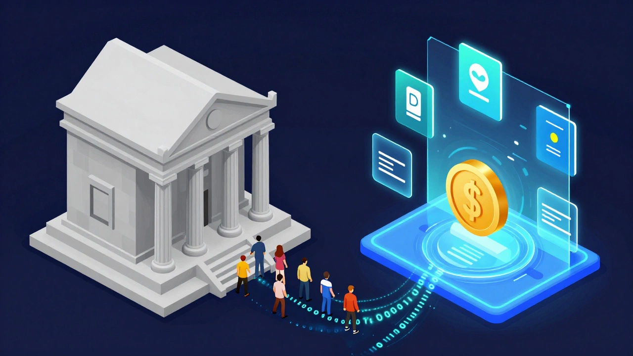 Сравнение традиционного банка и цифрового необанка в изометрическом стиле