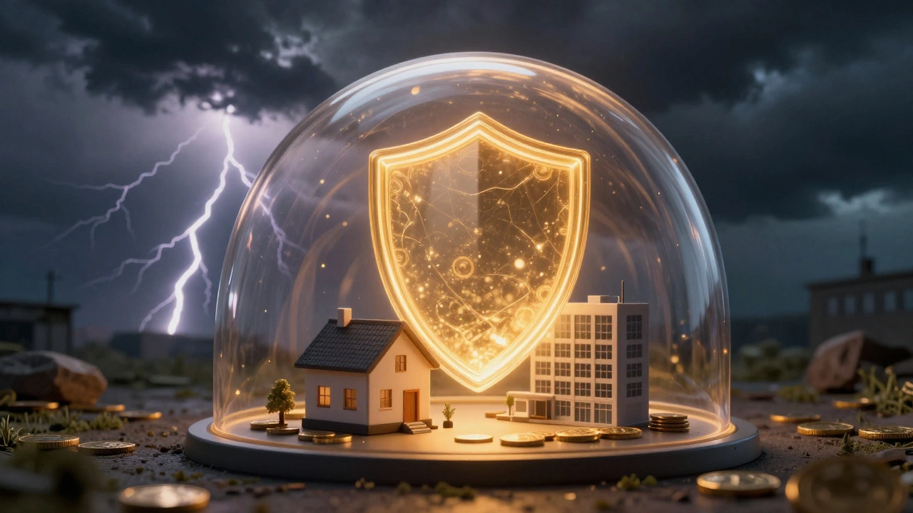 Светящийся золотой купол защищает дом и офис от внешней финансовой бури