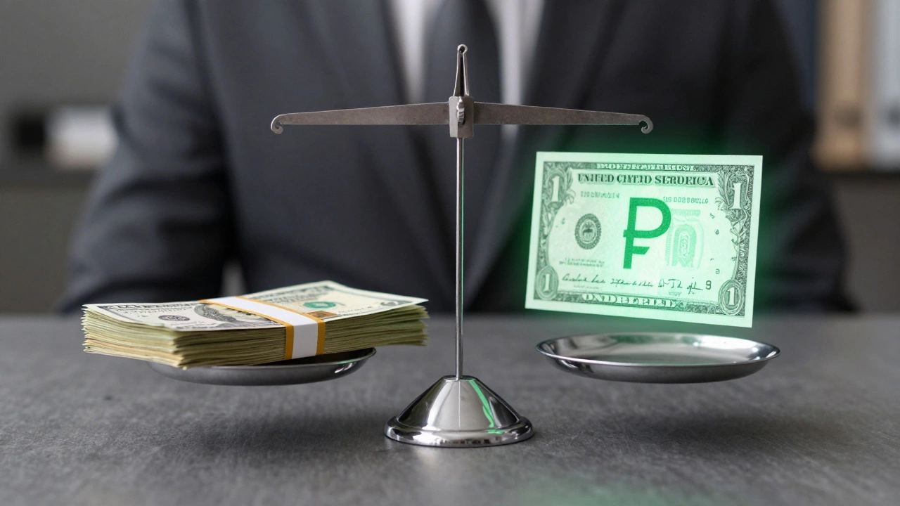Весы с долларами и облигациями, символизирующие сбалансированный портфель