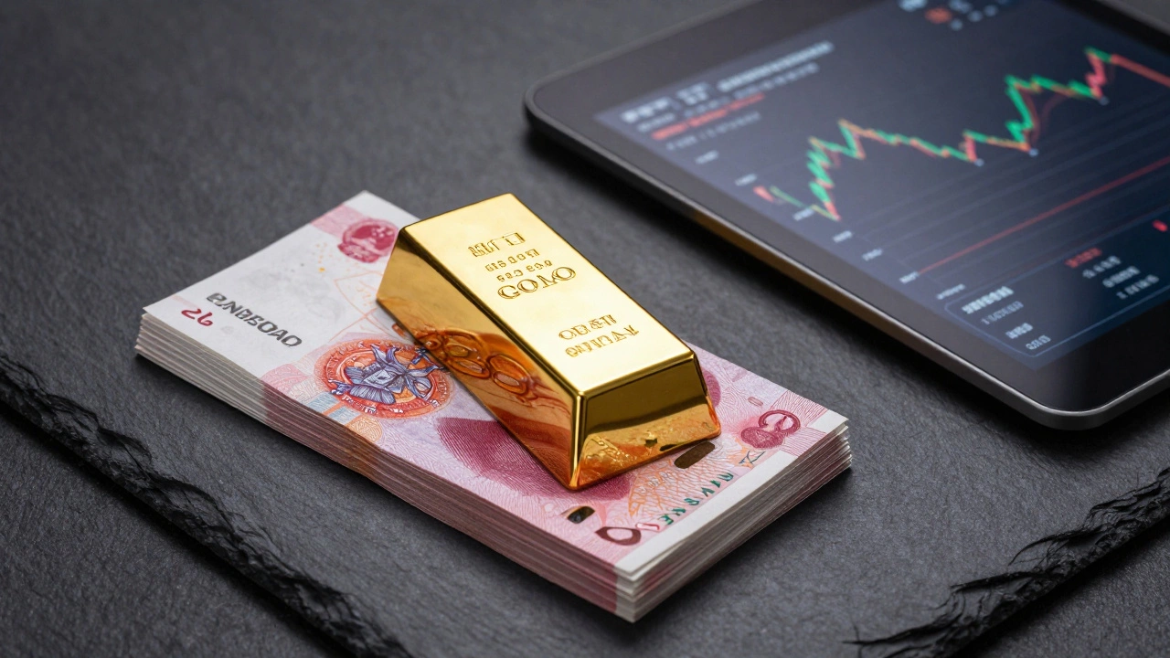 Золотой слиток, юани и графики акций как пример диверсификации капитала