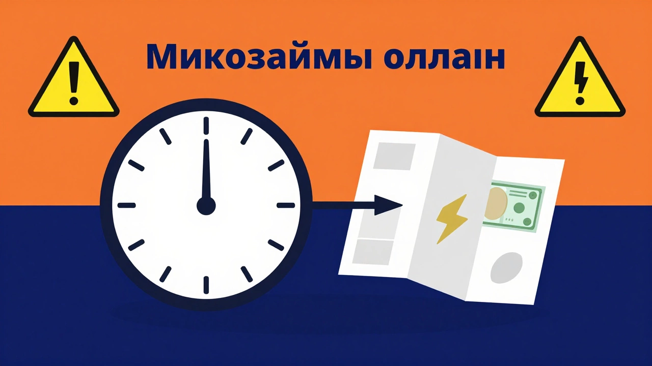 Визуальная метафора микрозайма: часы, указывающие на 15 минут, карта с деньгами, значок молнии и предупреждающий треугольник, символизирующие скорость получения средств и высокие процентные ставки