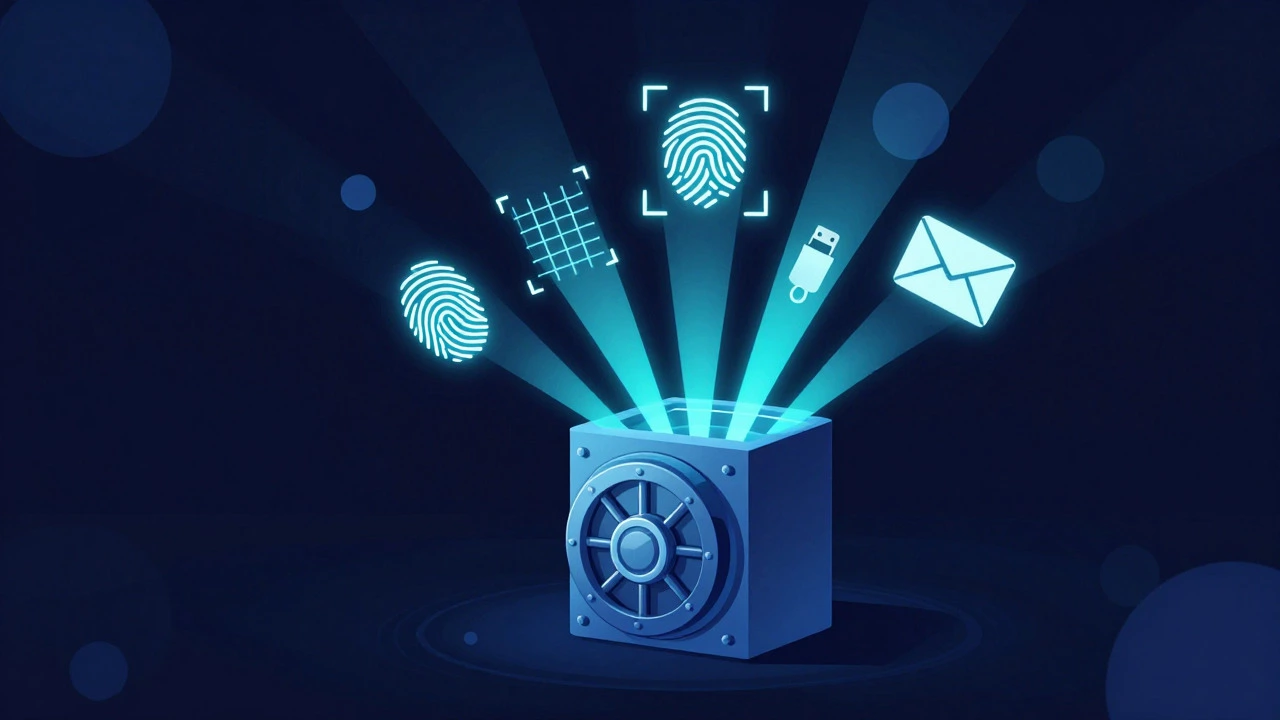 Abstract illustration of biometric and digital keys merging into a secure vault