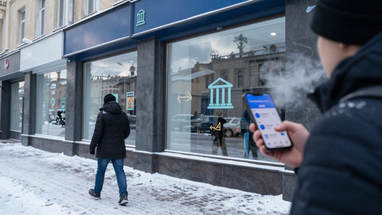 Человек с телефоном ищет выгодный курс обмена на улице Новосибирска