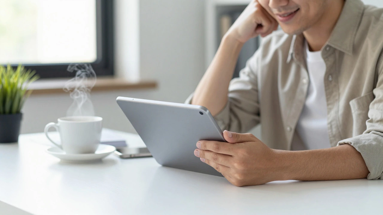 Person smiling at a laptop after successfully logging into online banking