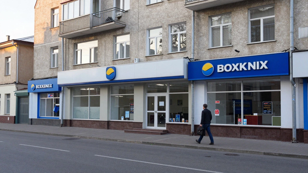 Улица в Новосибирске с банком и обменником на рассвете