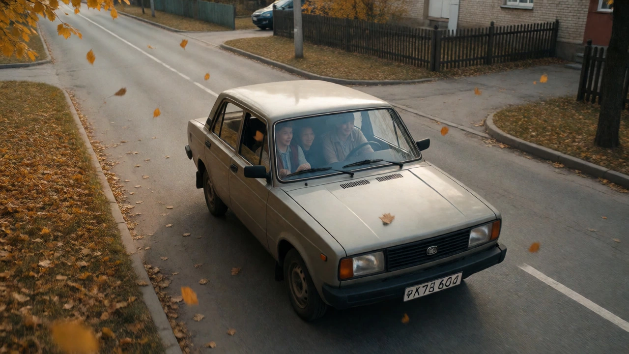 Семейный автомобиль едет по осенней улице в городе